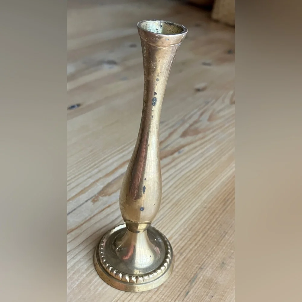 2/$30 Vintage Mini Brass Bud Vase 5.5” Tall 2 and 7/8’s” Base Patina Finish